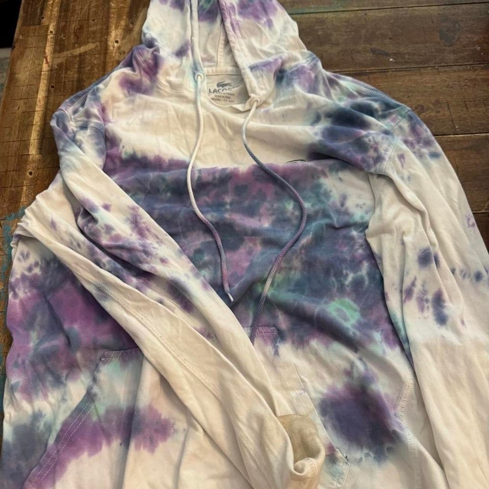Lacoste Tie Dye Hoodie Mens Size 3 Purple Blue White Cotton Pullover Logo